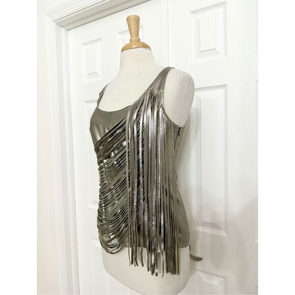 Nour Hammour Retrograde Gold Taupe Metallic Leather Fringe Top Size 38 4 6 - Picture 2 of 7